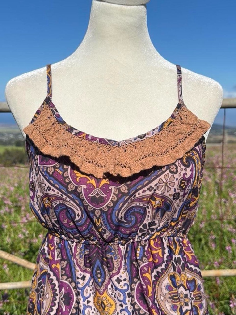 Purple brown paisley baby doll sleeveless boho festival prairie maxi dress - Picture 4 of 6